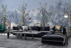 Blue Toile Jungle Wallpaper : Exotic Birds and Mountains Mural