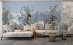 Blue Toile Jungle Wallpaper : Exotic Birds and Mountains Mural - View 5