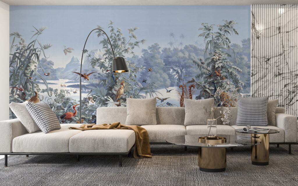 Blue Toile Jungle Wallpaper : Exotic Birds and Mountains Mural - View 5