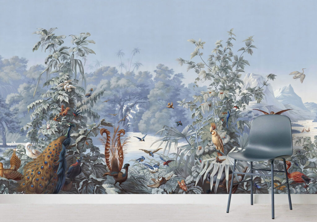 Blue Toile Jungle Wallpaper : Exotic Birds and Mountains Mural - View 3