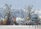 Blue Toile Jungle Wallpaper : Exotic Birds and Mountains Mural - View 3