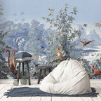 Blue Toile Jungle Wallpaper : Exotic Birds and Mountains Mural - View 2