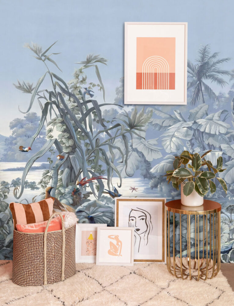 Blue Toile Jungle Wallpaper : Exotic Birds and Mountains Mural - View 4