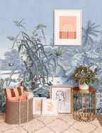 Blue Toile Jungle Wallpaper : Exotic Birds and Mountains Mural - View 4