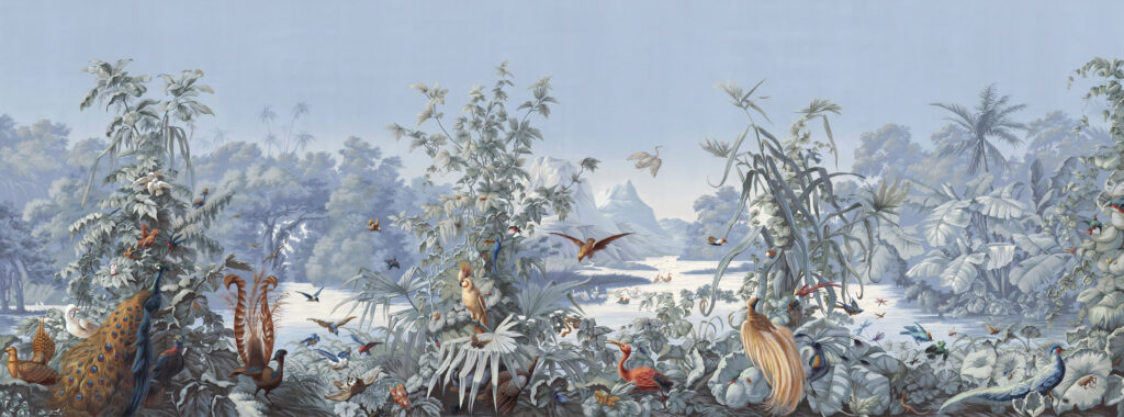 Blue Toile Jungle Wallpaper : Exotic Birds and Mountains Mural - flat design