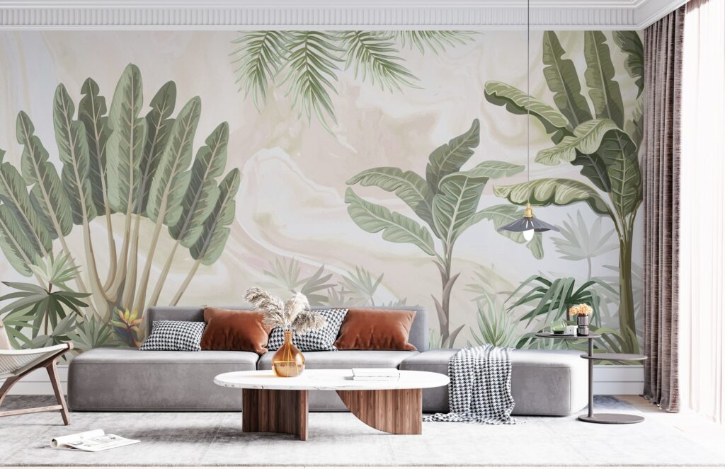 Soft Tropical Palm Wallpaper : Banana Leaf Watercolor Mural - View 2