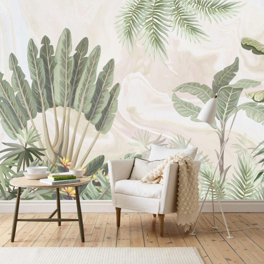 Soft Tropical Palm Wallpaper : Banana Leaf Watercolor Mural - View 3