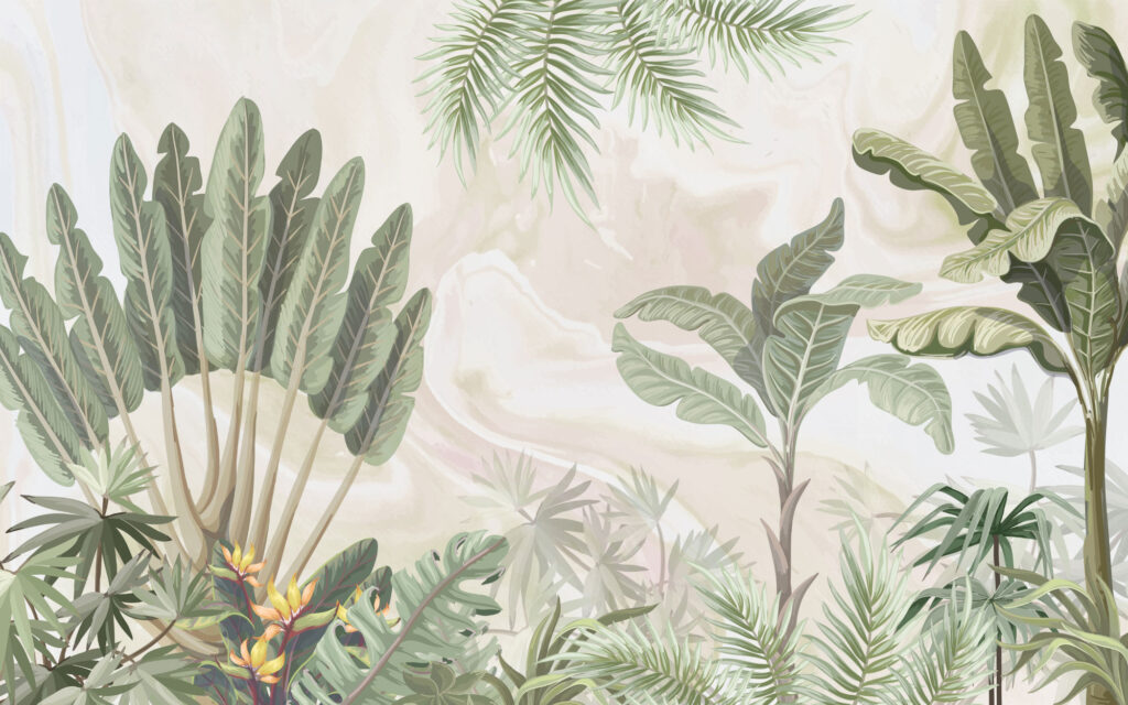 Soft Tropical Palm Wallpaper : Banana Leaf Watercolor Mural - flat design
