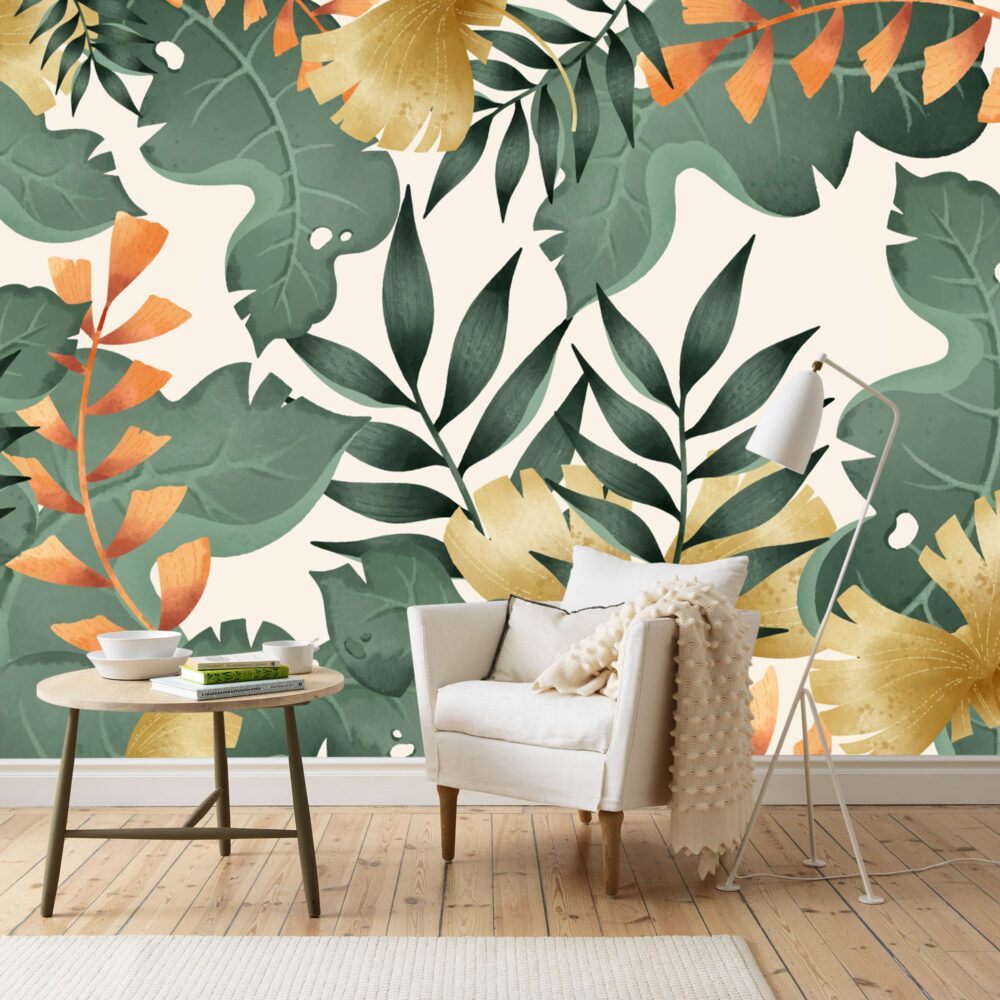 Green and Gold Leaf Wallpaper : Modern Tropical Foliage Mural - View 5