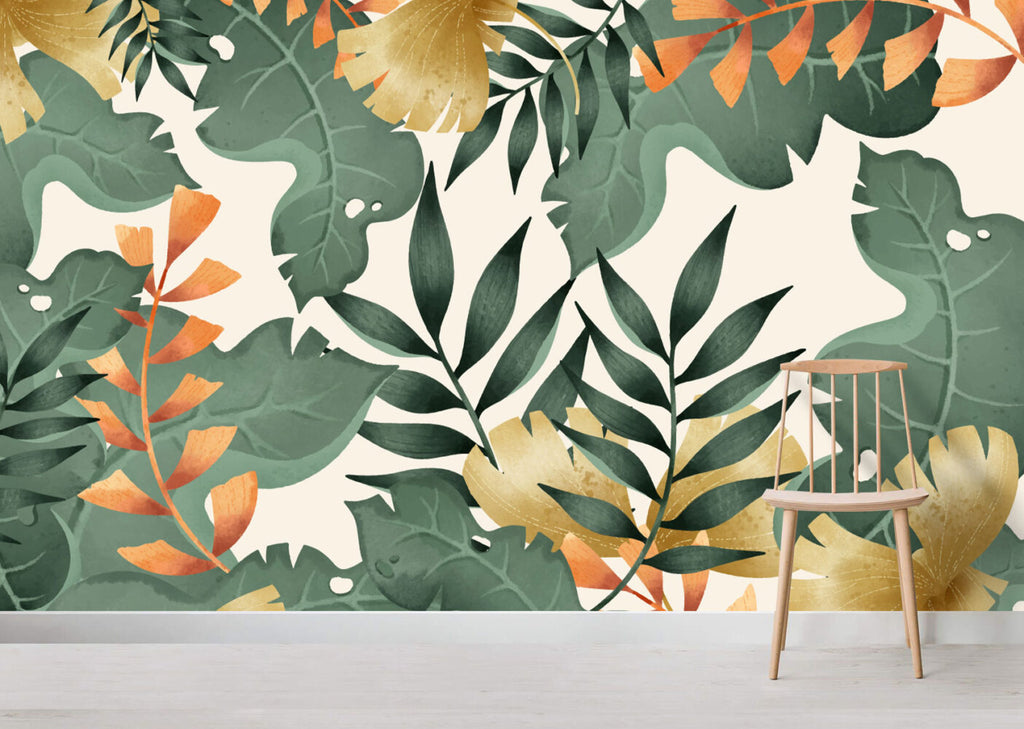 Green and Gold Leaf Wallpaper : Modern Tropical Foliage Mural - View 3