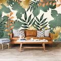 Green and Gold Leaf Wallpaper : Modern Tropical Foliage Mural