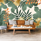 Green and Gold Leaf Wallpaper : Modern Tropical Foliage Mural