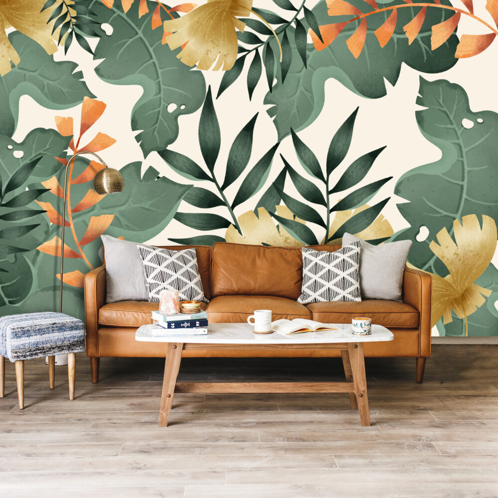 Green and Gold Leaf Wallpaper : Modern Tropical Foliage Mural