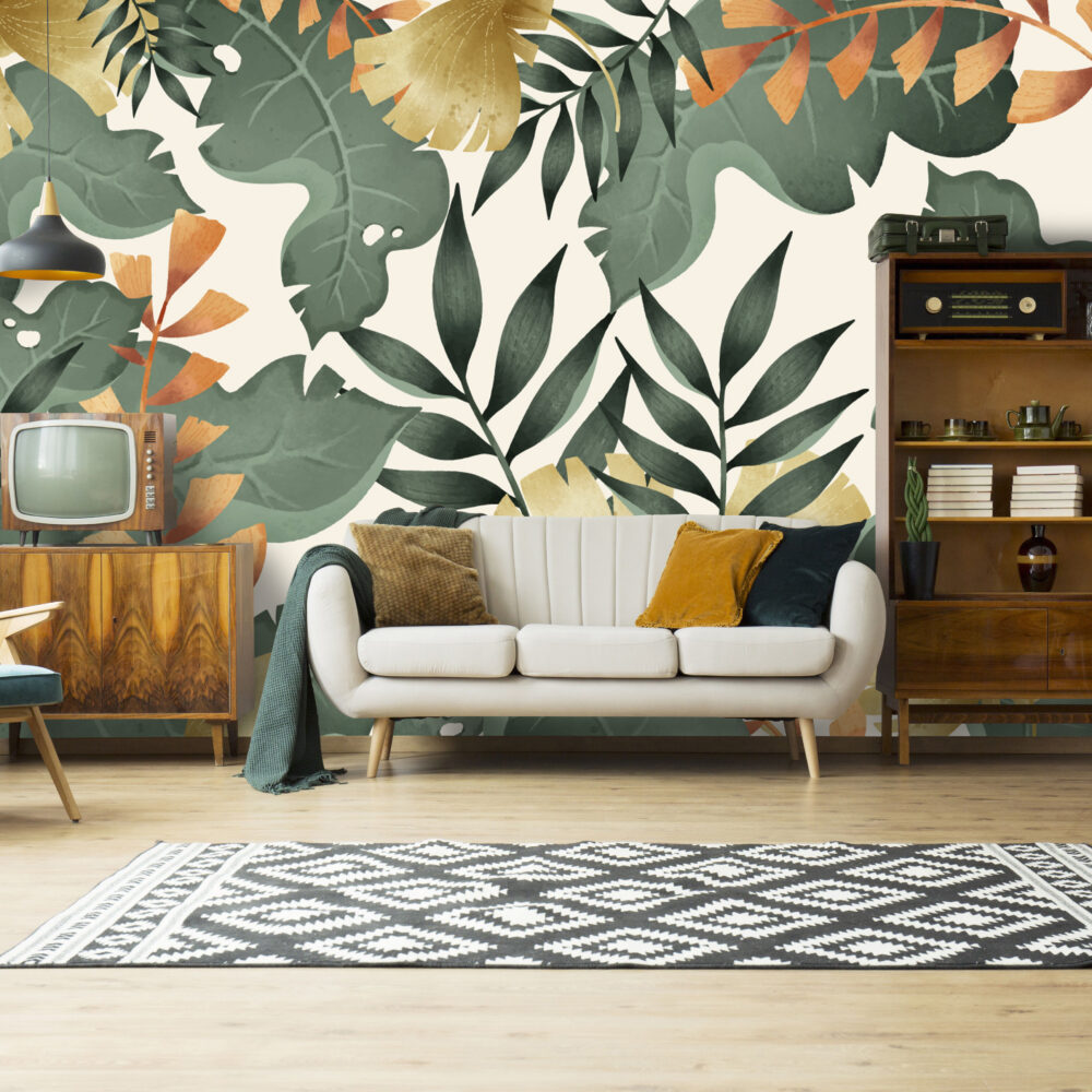 Green and Gold Leaf Wallpaper : Modern Tropical Foliage Mural - View 4