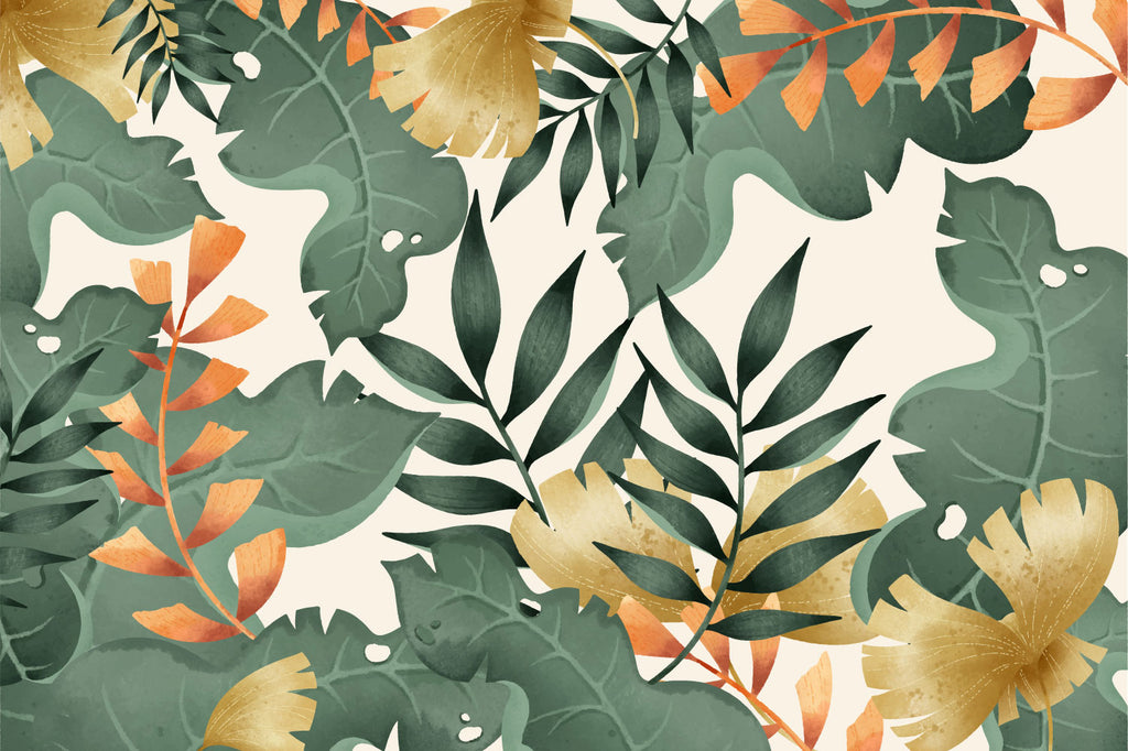 Green and Gold Leaf Wallpaper : Modern Tropical Foliage Mural - flat design