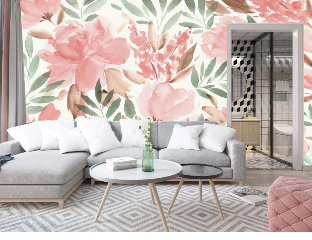 Pink Peony Watercolor Wallpaper : Blush Floral Mural - View 2