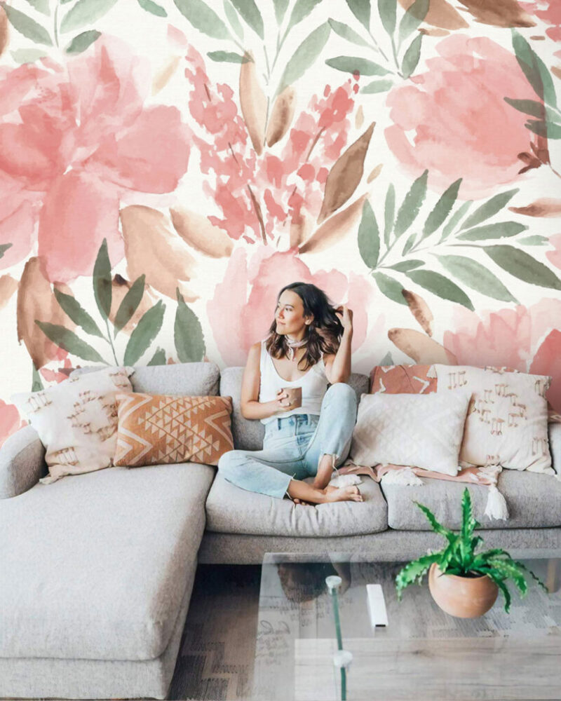 Pink Peony Watercolor Wallpaper : Blush Floral Mural - View 4