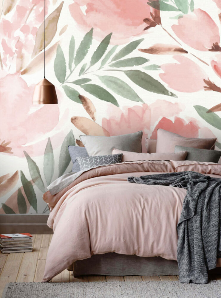 Pink Peony Watercolor Wallpaper : Blush Floral Mural - View 3
