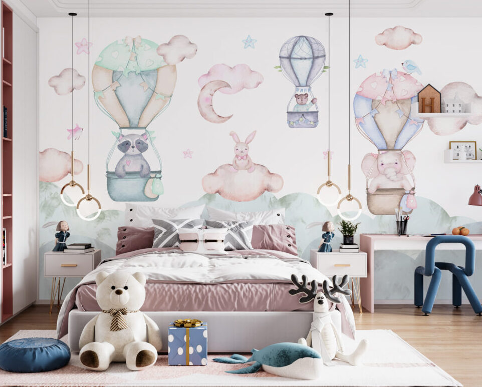 Hot Air Balloon Bunny Wallpaper : Pastel Nursery Clouds Mural