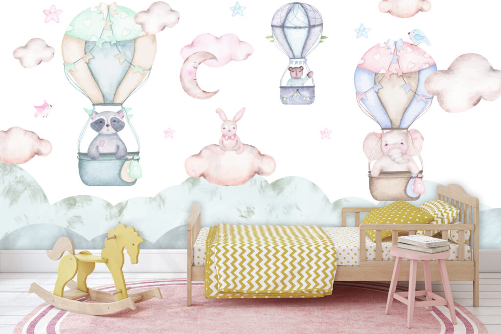 Hot Air Balloon Bunny Wallpaper : Pastel Nursery Clouds Mural - View 5