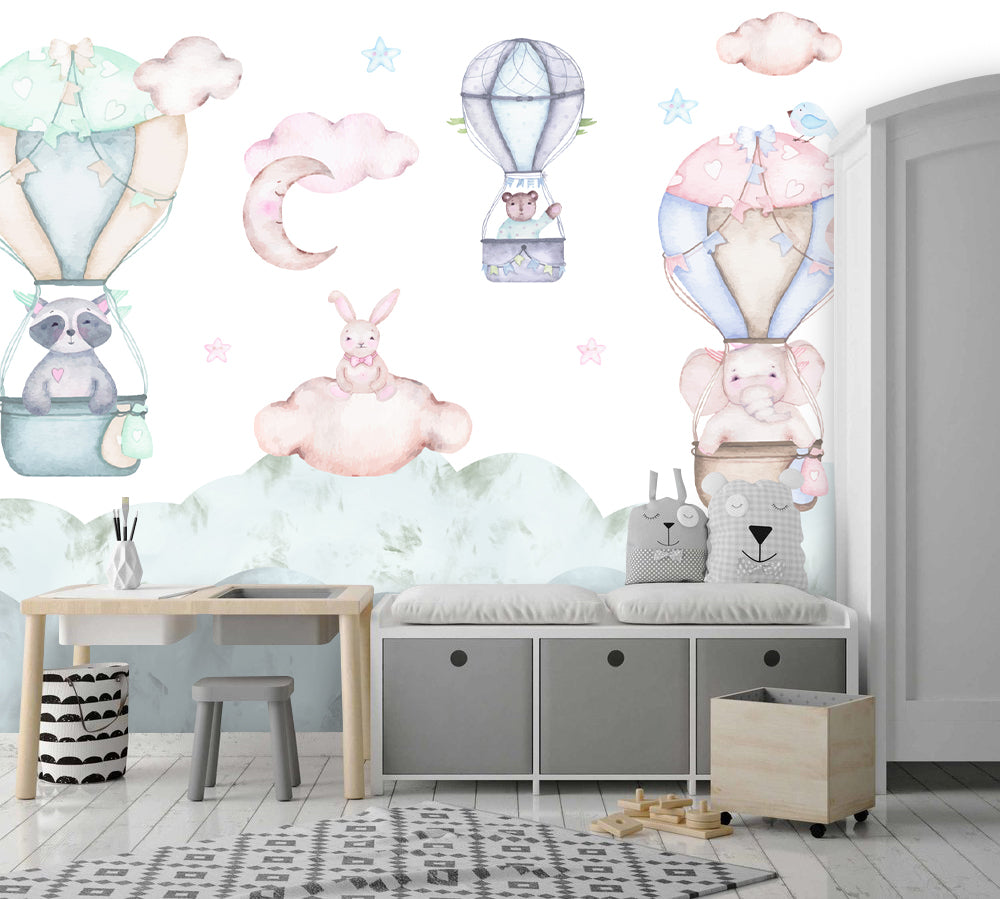 Hot Air Balloon Bunny Wallpaper : Pastel Nursery Clouds Mural - View 4