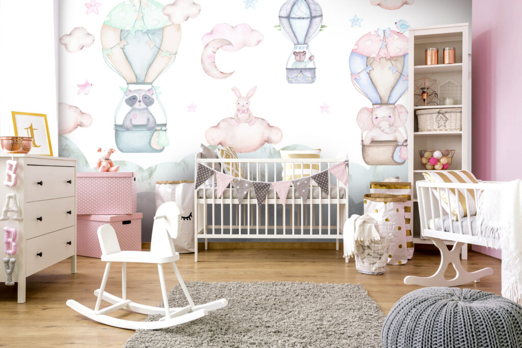 Hot Air Balloon Bunny Wallpaper : Pastel Nursery Clouds Mural - View 2