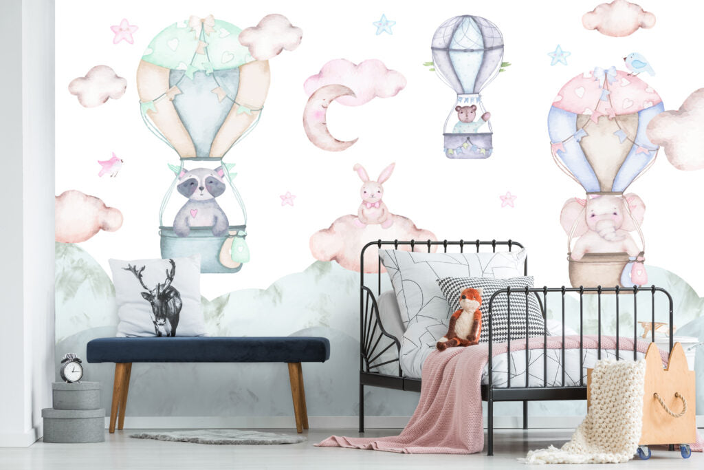 Hot Air Balloon Bunny Wallpaper : Pastel Nursery Clouds Mural - View 3