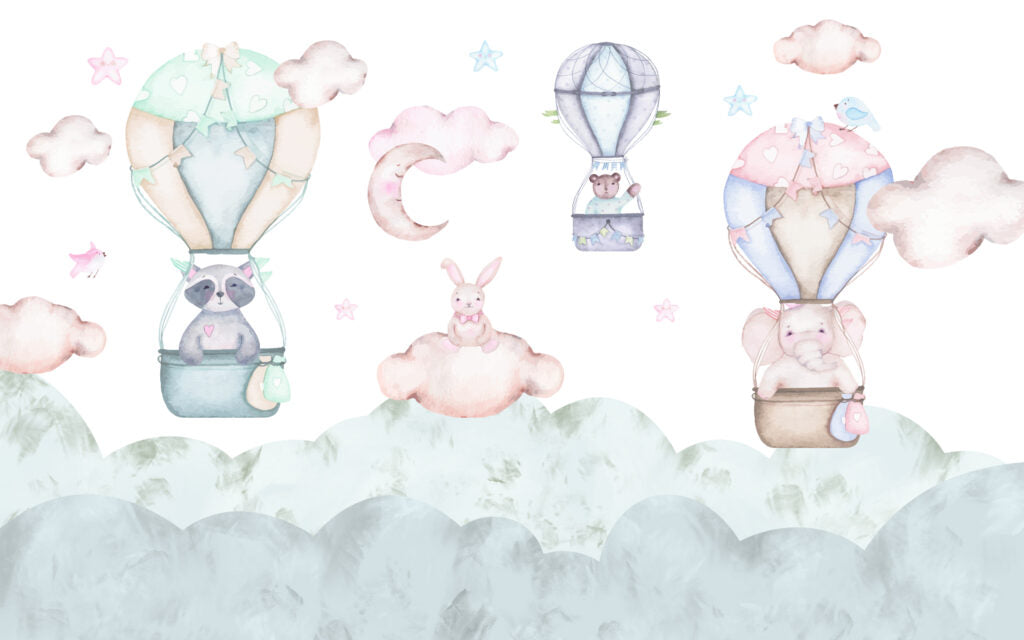 Hot Air Balloon Bunny Wallpaper : Pastel Nursery Clouds Mural - flat design