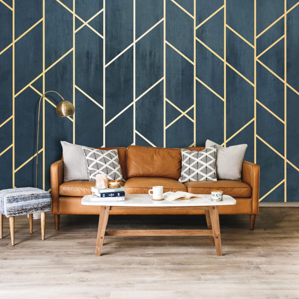 Navy and Gold Geometric Wallpaper : Art Deco Lines Mural - View 3