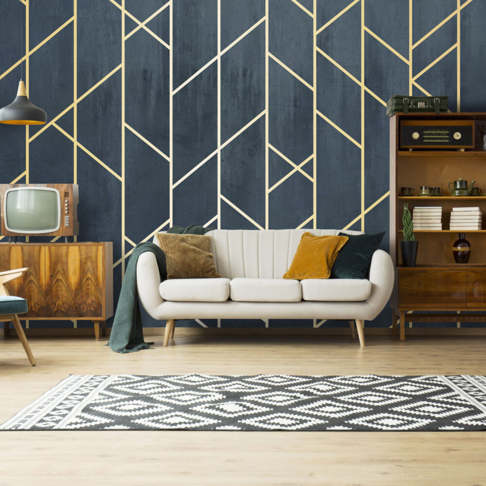 Navy and Gold Geometric Wallpaper : Art Deco Lines Mural
