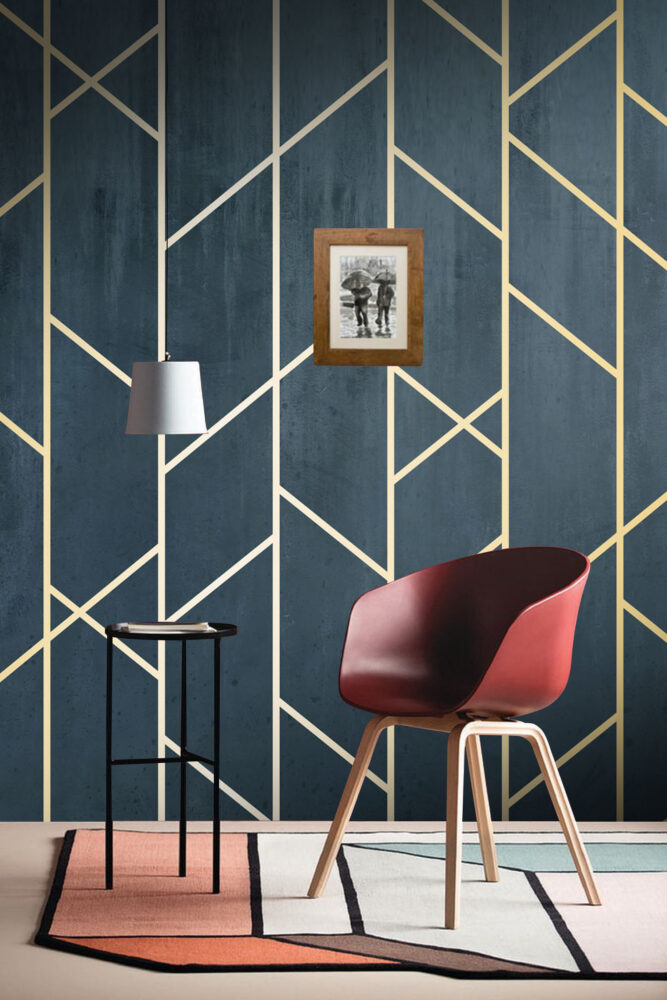 Navy and Gold Geometric Wallpaper : Art Deco Lines Mural - View 5