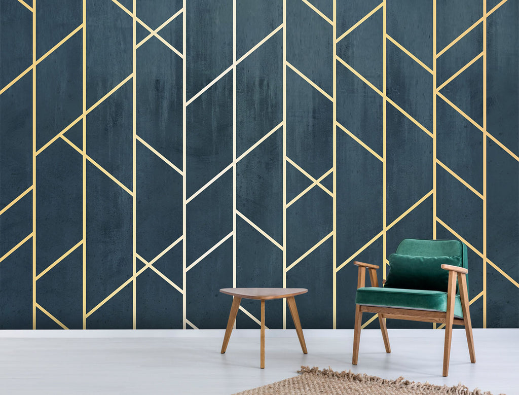 Navy and Gold Geometric Wallpaper : Art Deco Lines Mural - View 2