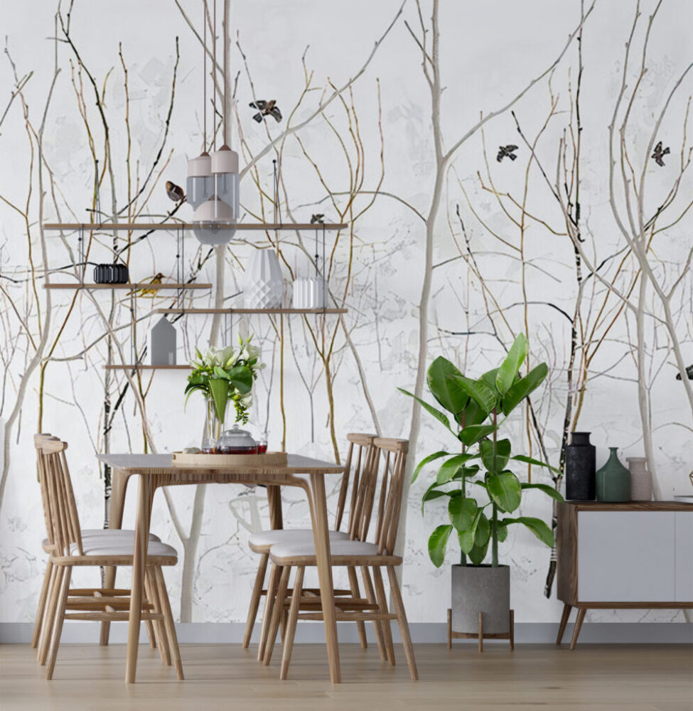 Bare Branch Wallpaper : Birds On Winter Twigs Mural