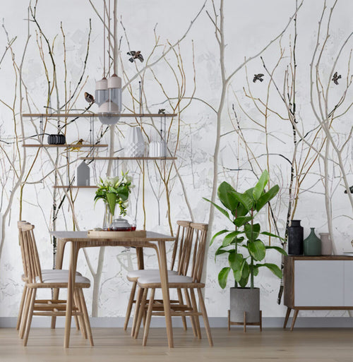 Bare Branch Wallpaper : Birds On Winter Twigs Mural