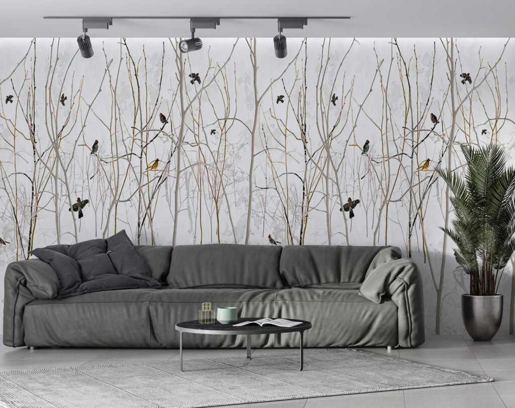 Bare Branch Wallpaper : Birds On Winter Twigs Mural - View 4