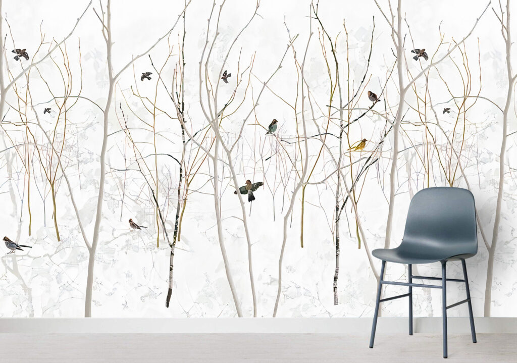 Bare Branch Wallpaper : Birds On Winter Twigs Mural - View 3