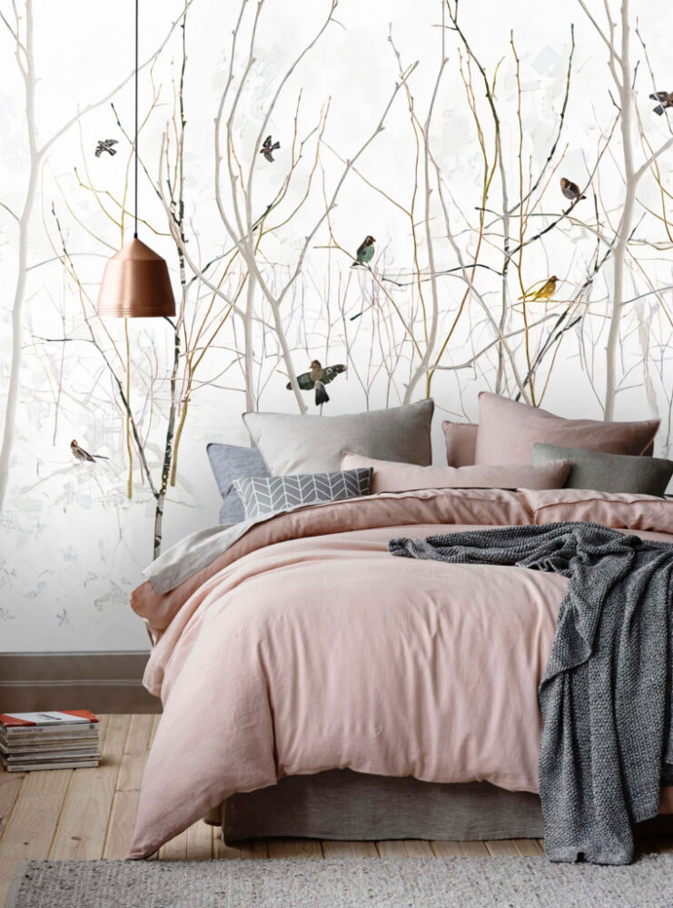 Bare Branch Wallpaper : Birds On Winter Twigs Mural - View 6