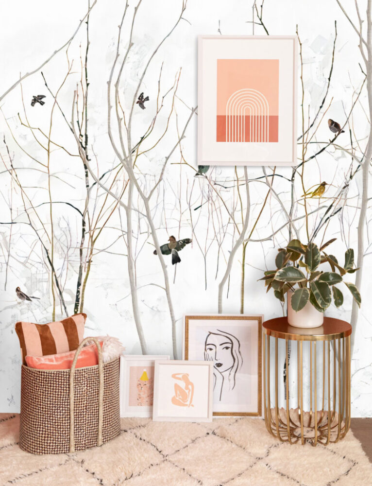 Bare Branch Wallpaper : Birds On Winter Twigs Mural - View 5