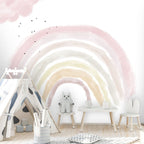 Pastel Watercolor Rainbow Wallpaper : Pink Cloud Nursery Mural - View 4