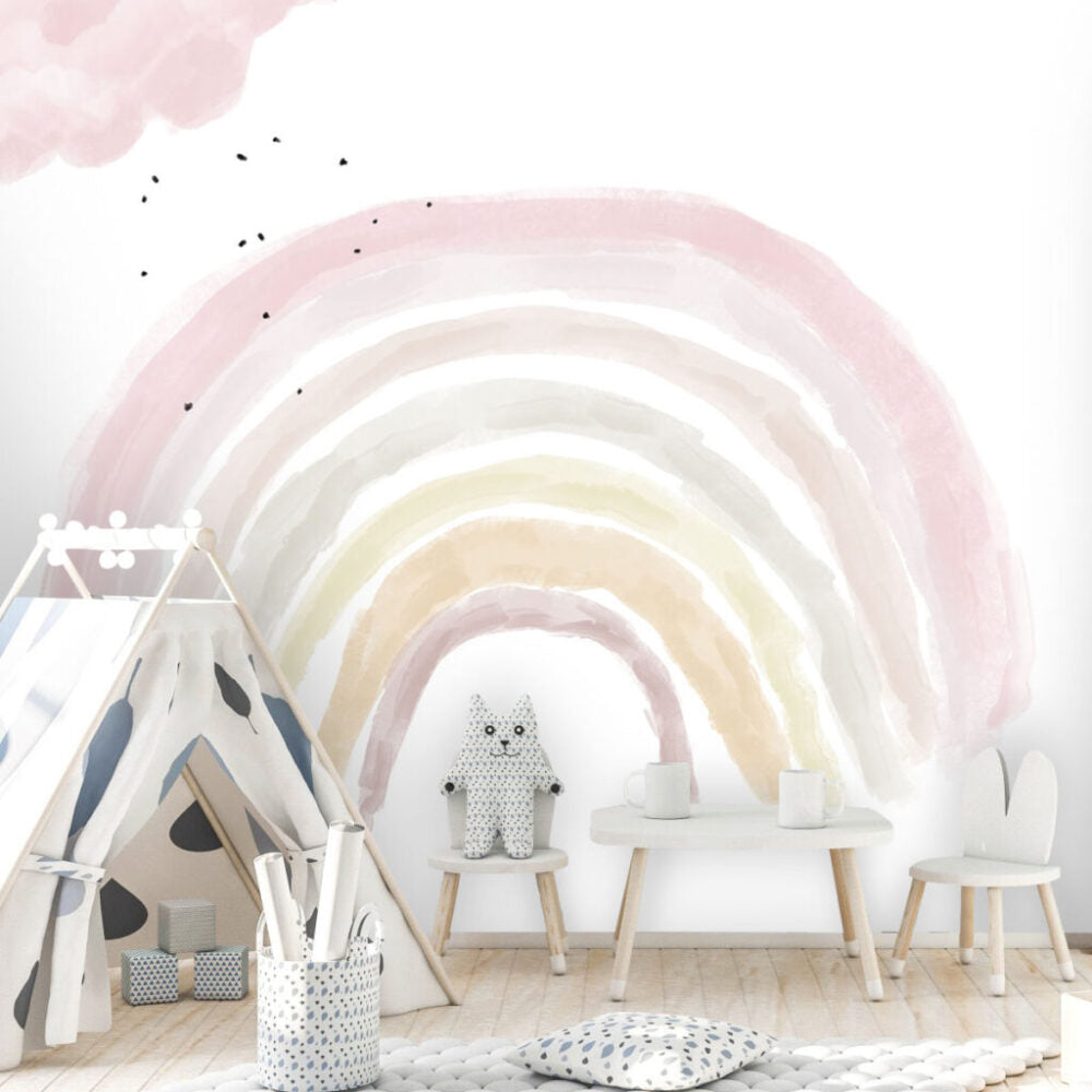Pastel Watercolor Rainbow Wallpaper : Pink Cloud Nursery Mural - View 4