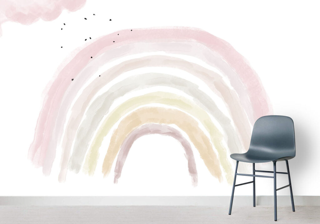 Pastel Watercolor Rainbow Wallpaper : Pink Cloud Nursery Mural - View 3