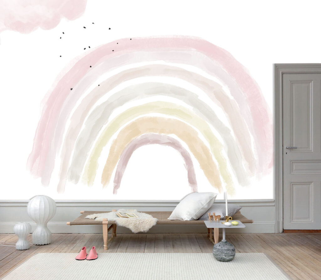Pastel Watercolor Rainbow Wallpaper : Pink Cloud Nursery Mural - View 2