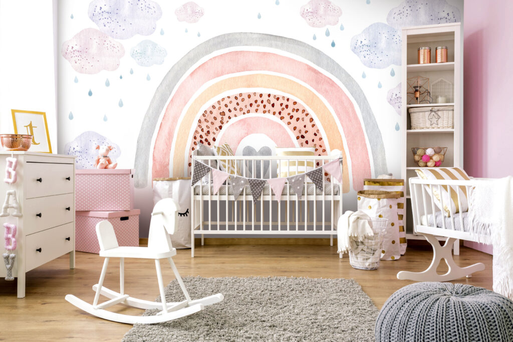 Boho Rainbow Heart Wallpaper : Watercolor Clouds Nursery Mural - View 2