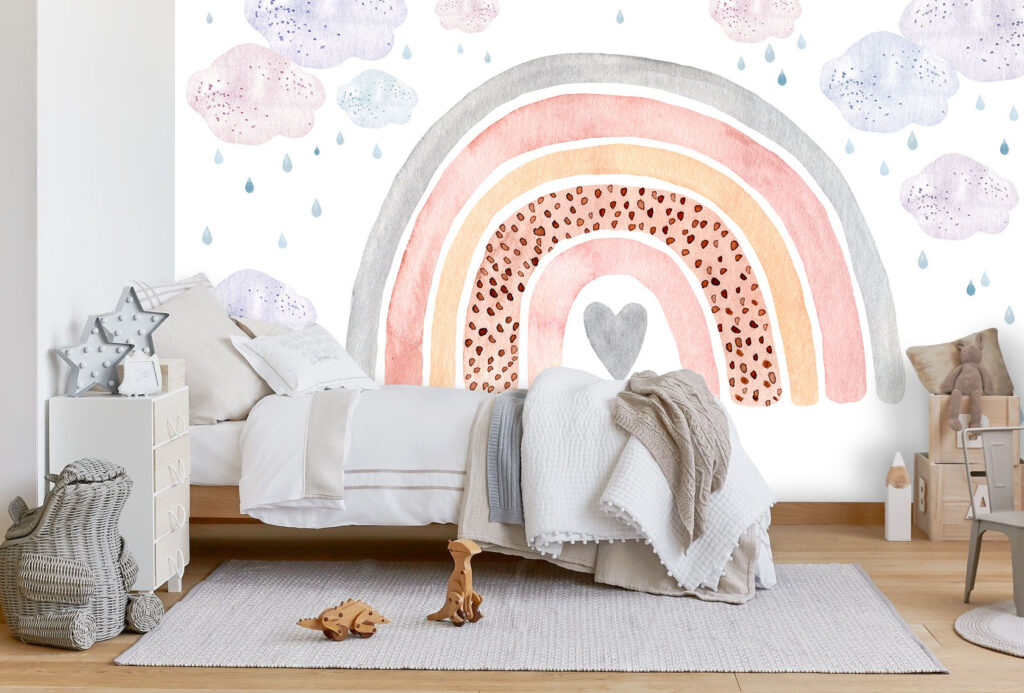 Boho Rainbow Heart Wallpaper : Watercolor Clouds Nursery Mural - View 5