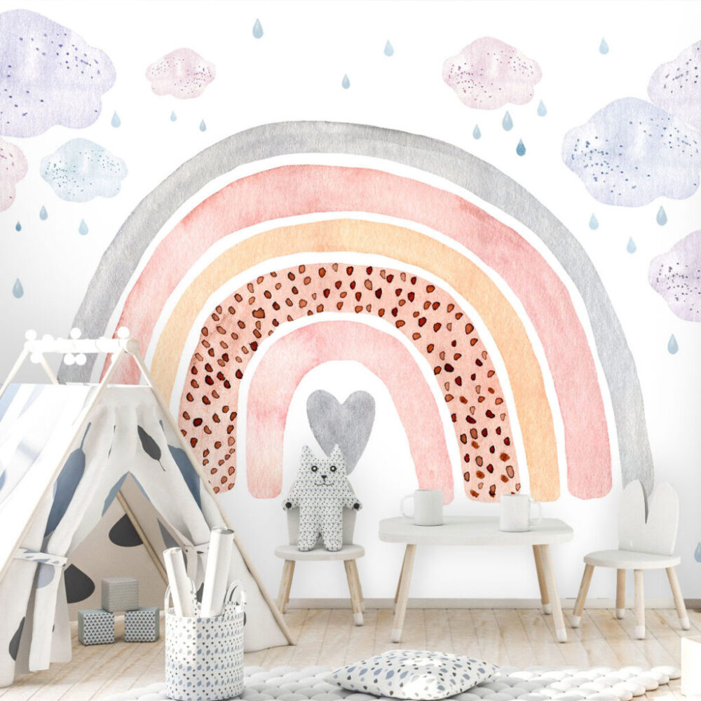 Boho Rainbow Heart Wallpaper : Watercolor Clouds Nursery Mural - View 4