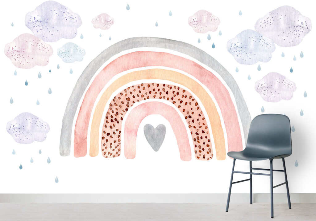 Boho Rainbow Heart Wallpaper : Watercolor Clouds Nursery Mural - View 3