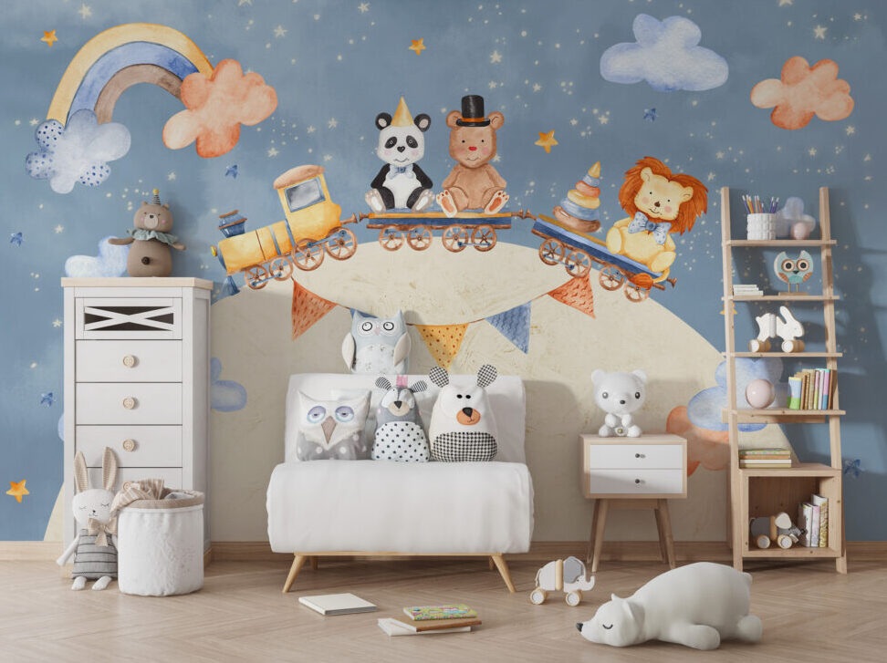 Animal Train Planet Wallpaper : Kids Bunting Sky Mural