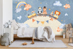 Animal Train Planet Wallpaper : Kids Bunting Sky Mural - View 2