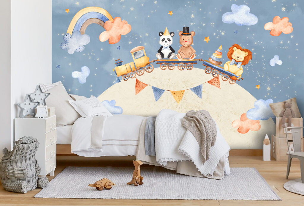 Animal Train Planet Wallpaper : Kids Bunting Sky Mural - View 2