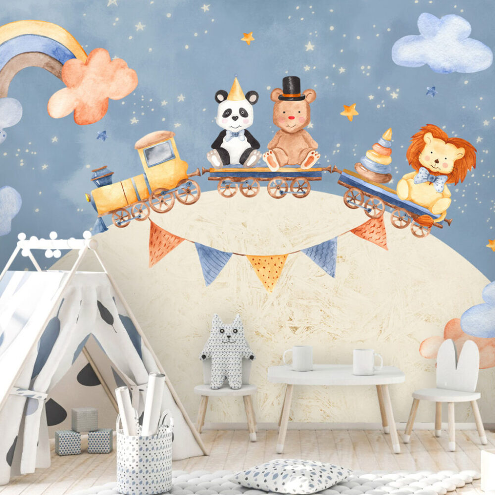 Animal Train Planet Wallpaper : Kids Bunting Sky Mural - View 5